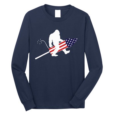 Men  Bigfoot Fireworks 4th of July American Flag US Long Sleeve Shirt