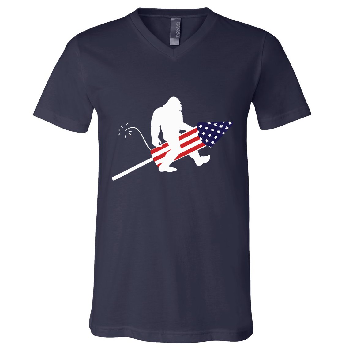 Men  Bigfoot Fireworks 4th of July American Flag US V-Neck T-Shirt
