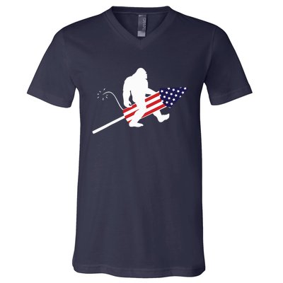 Men  Bigfoot Fireworks 4th of July American Flag US V-Neck T-Shirt