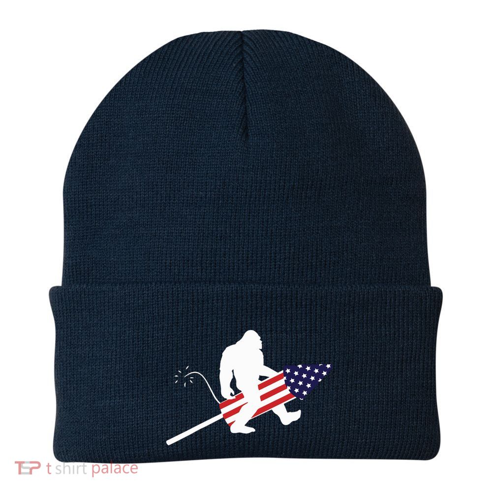 Men  Bigfoot Fireworks 4th of July American Flag US Beanie