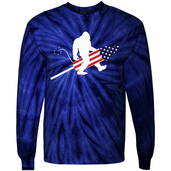 Men  Bigfoot Fireworks 4th of July American Flag US Tie-Dye Long Sleeve Shirt