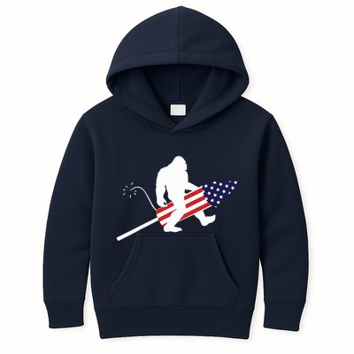 Men  Bigfoot Fireworks 4th of July American Flag US Kids Hoodie