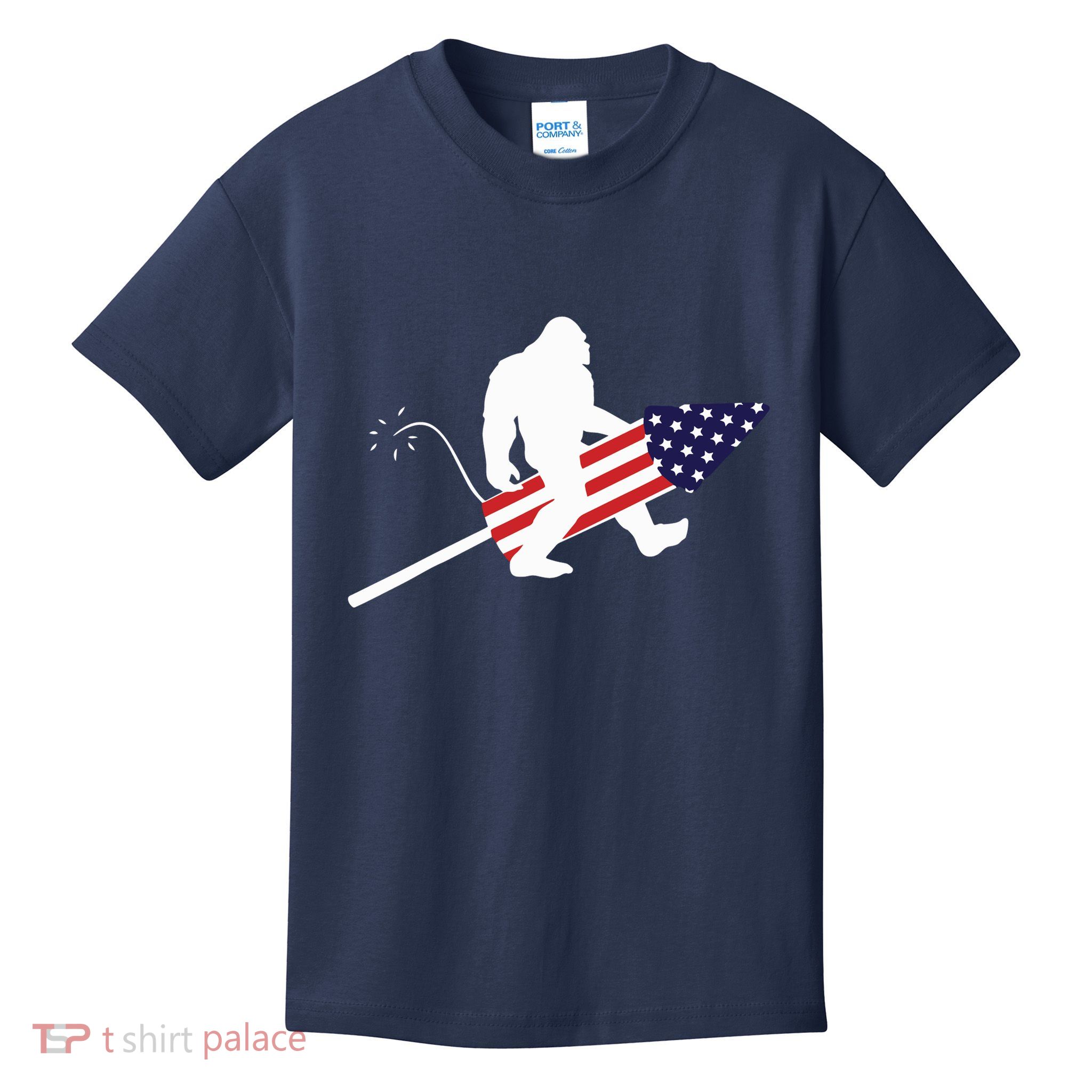 Men  Bigfoot Fireworks 4th of July American Flag US Kids T-Shirt