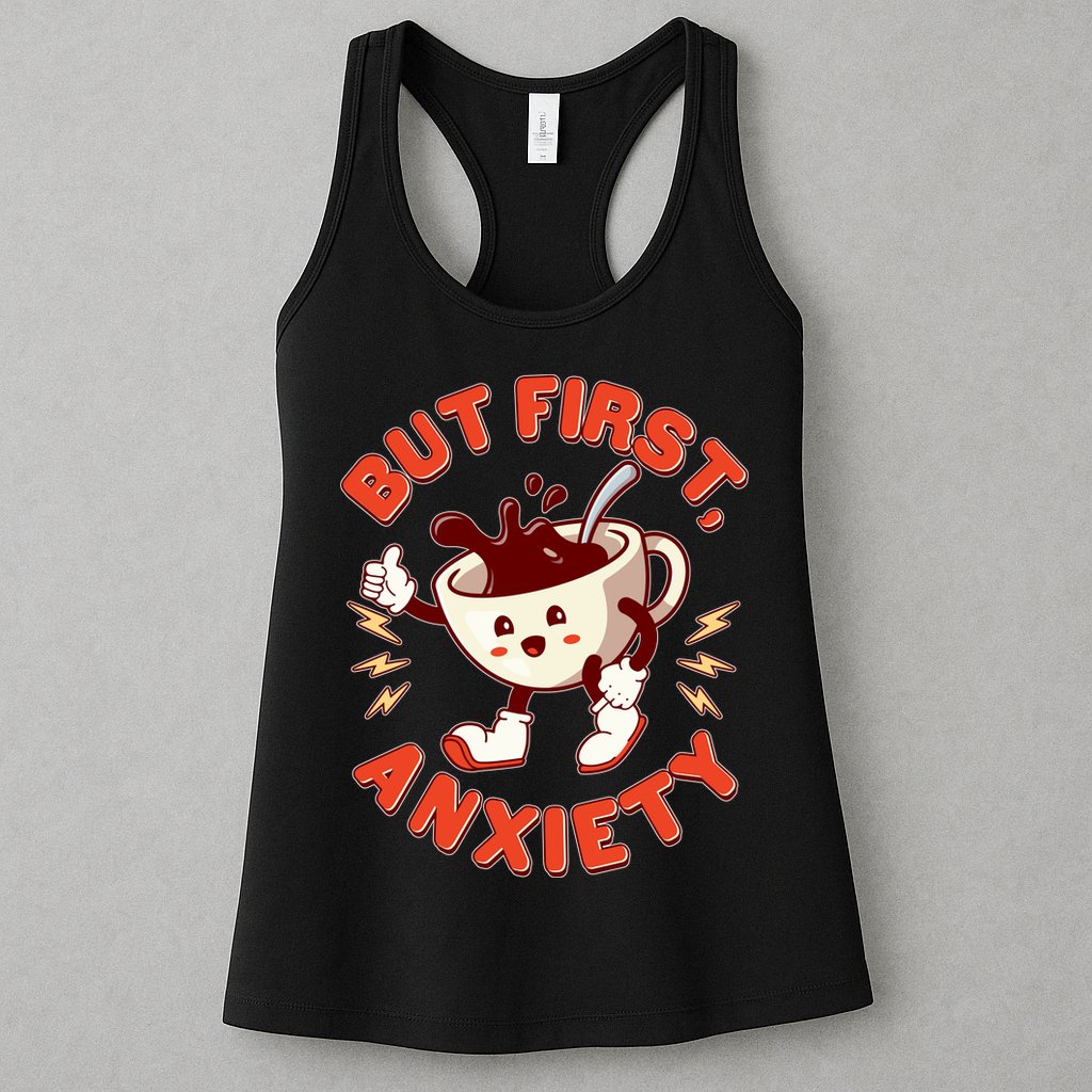 Funny But First Anxiety Cute Cartoon Coffee Womens Tank Top