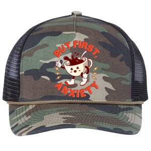 Funny But First Anxiety Cute Cartoon Coffee Retro Rope Trucker Hat Cap