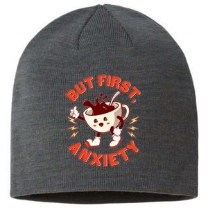 Funny But First Anxiety Cute Cartoon Coffee Sustainable Beanie