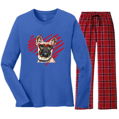 French Bulldog Face Heart Glasses Valentines Day Cute Animal Gift Women's Long Sleeve Flannel Pajama Set 