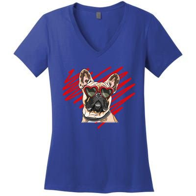 French Bulldog Face Heart Glasses Valentines Day Cute Animal Gift Women's V-Neck T-Shirt