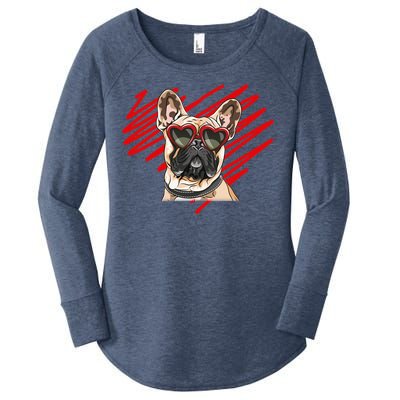 French Bulldog Face Heart Glasses Valentines Day Cute Animal Gift Women's Perfect Tri Tunic Long Sleeve Shirt