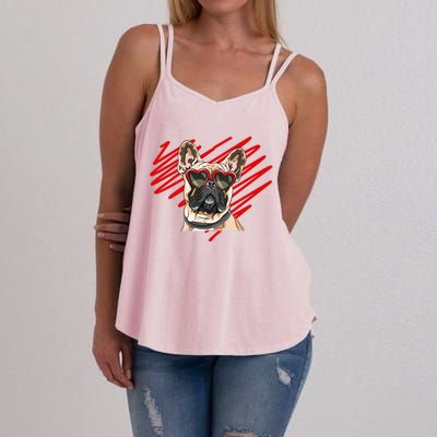 French Bulldog Face Heart Glasses Valentines Day Cute Animal Gift Women's Strappy Tank