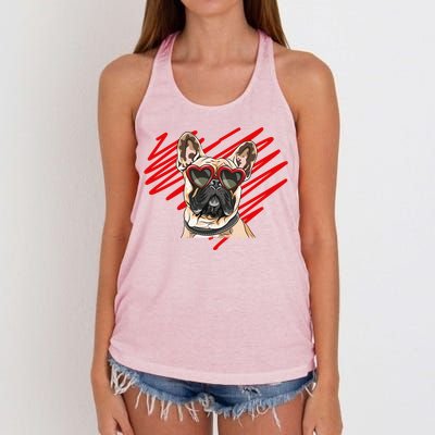 French Bulldog Face Heart Glasses Valentines Day Cute Animal Gift Women's Knotted Racerback Tank