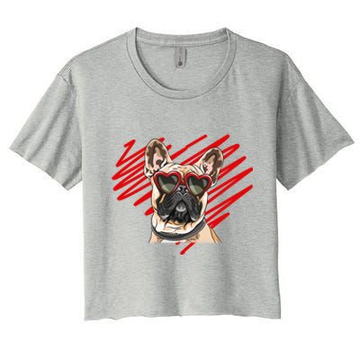 French Bulldog Face Heart Glasses Valentines Day Cute Animal Gift Women's Crop Top Tee