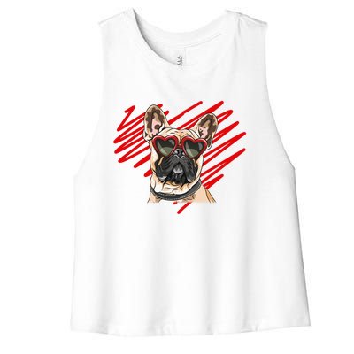 French Bulldog Face Heart Glasses Valentines Day Cute Animal Gift Women's Racerback Cropped Tank