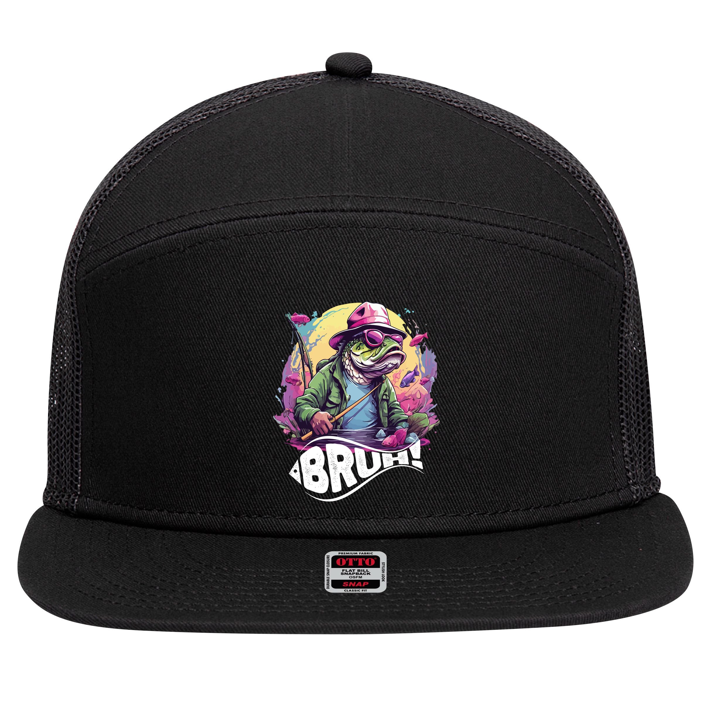 Funny Bass Fishing Bruh 7 Panel Mesh Trucker Snapback Hat