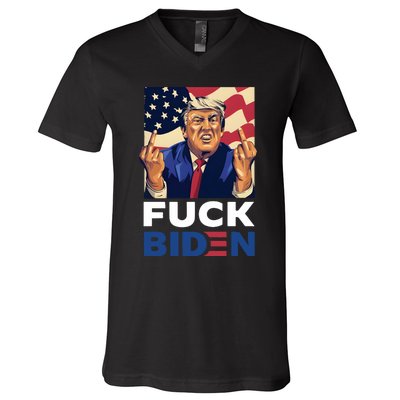 Fuck Biden Funny Trump Middle Finger V-Neck T-Shirt