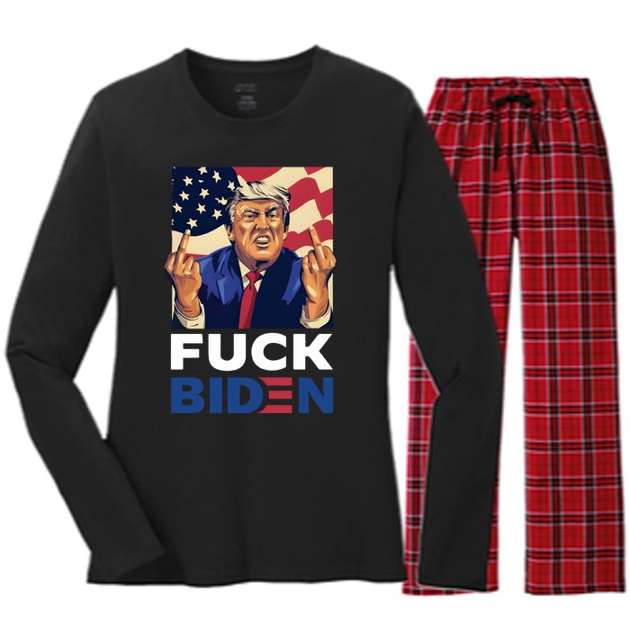 Fuck Biden Funny Trump Middle Finger Women's Long Sleeve Flannel Pajama Set 