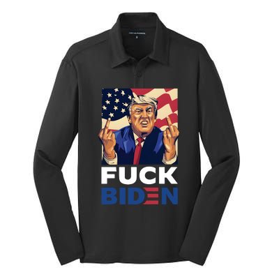 Fuck Biden Funny Trump Middle Finger Silk Touch Performance Long Sleeve Polo