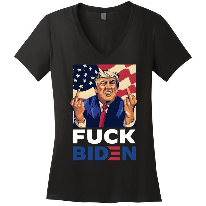 Fuck Biden Funny Trump Middle Finger Women's V-Neck T-Shirt