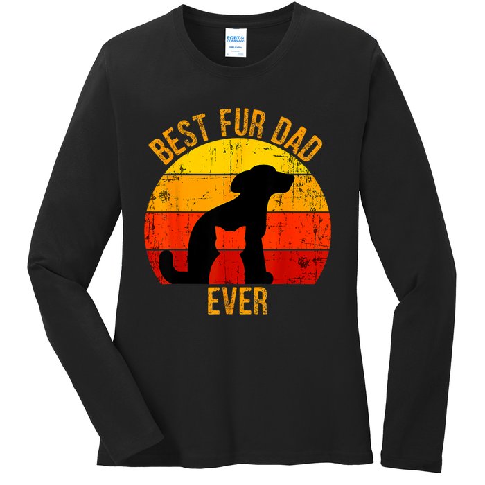 Funny Best Fur Dad Ever Vintage Retro Dog Cat Owner Ladies Long Sleeve Shirt