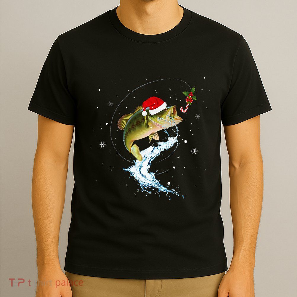 Funny Bass Fishing Santa Hat Christmas Pajama Fisher Fish T-Shirt