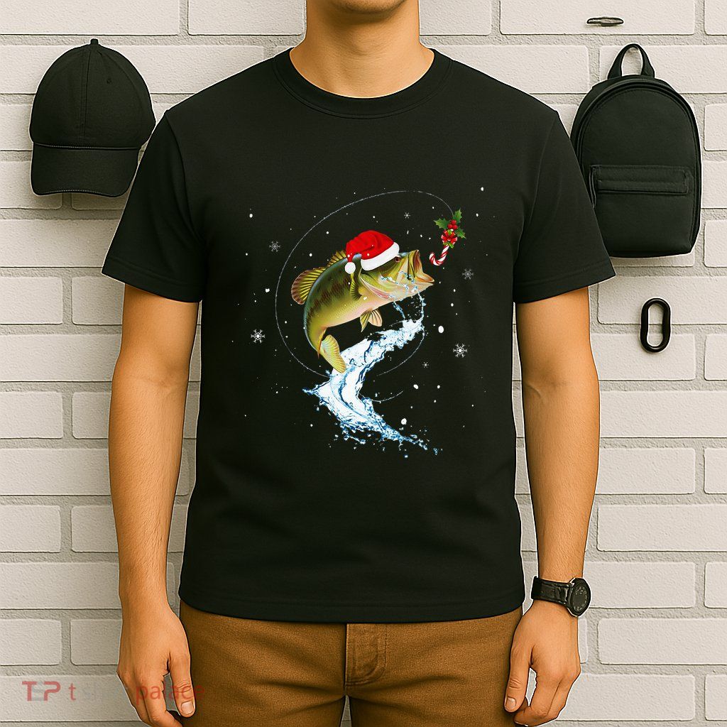 Funny Bass Fishing Santa Hat Christmas Pajama Fisher Fish T-Shirt
