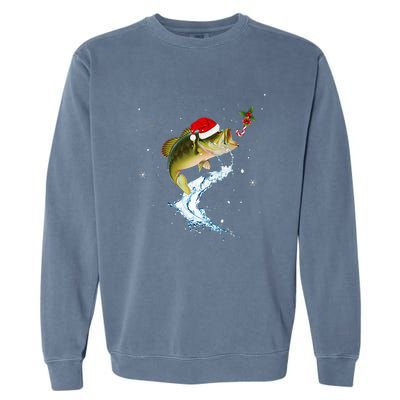 Funny Bass Fishing Santa Hat Christmas Pajama Fisher Fish Garment-Dyed Sweatshirt