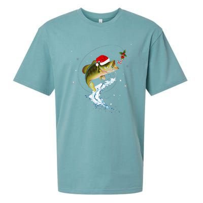 Funny Bass Fishing Santa Hat Christmas Pajama Fisher Fish Sueded Cloud Jersey T-Shirt