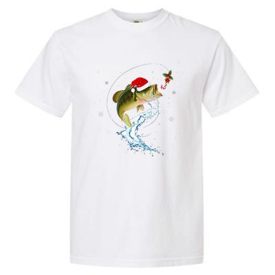 Funny Bass Fishing Santa Hat Christmas Pajama Fisher Fish Garment-Dyed Heavyweight T-Shirt