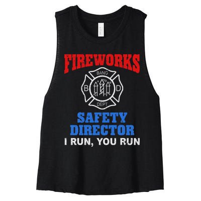 Funny Bang Firecracker Firework Safety Director I Run You Ru Women's Racerback Cropped Tank