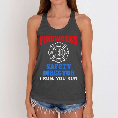 Funny Bang Firecracker Firework Safety Director I Run You Ru Women's Knotted Racerback Tank