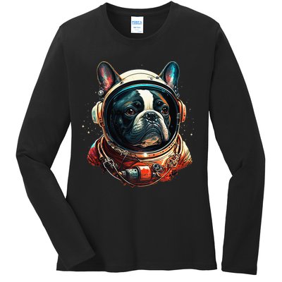 French Bulldog Frenchie Astronaut in the Space Ladies Long Sleeve Shirt