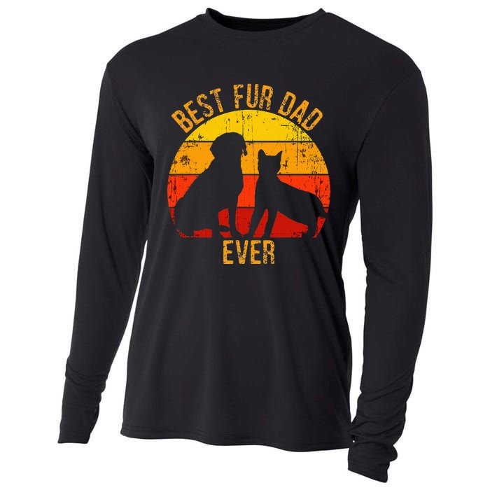 Funny Best Fur Dad Ever Vintage Retro Dog and Cat Owner Cooling Performance Long Sleeve Crew