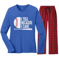 Funny Baseball Fan Humor I Yell Because I Care Baseball Dads Funny Gift Women's Long Sleeve Flannel Pajama Set 