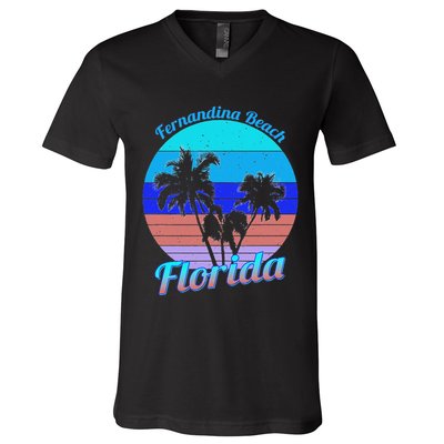 Fernandina Beach Florida Retro Tropical Palm Trees Vacation V-Neck T-Shirt