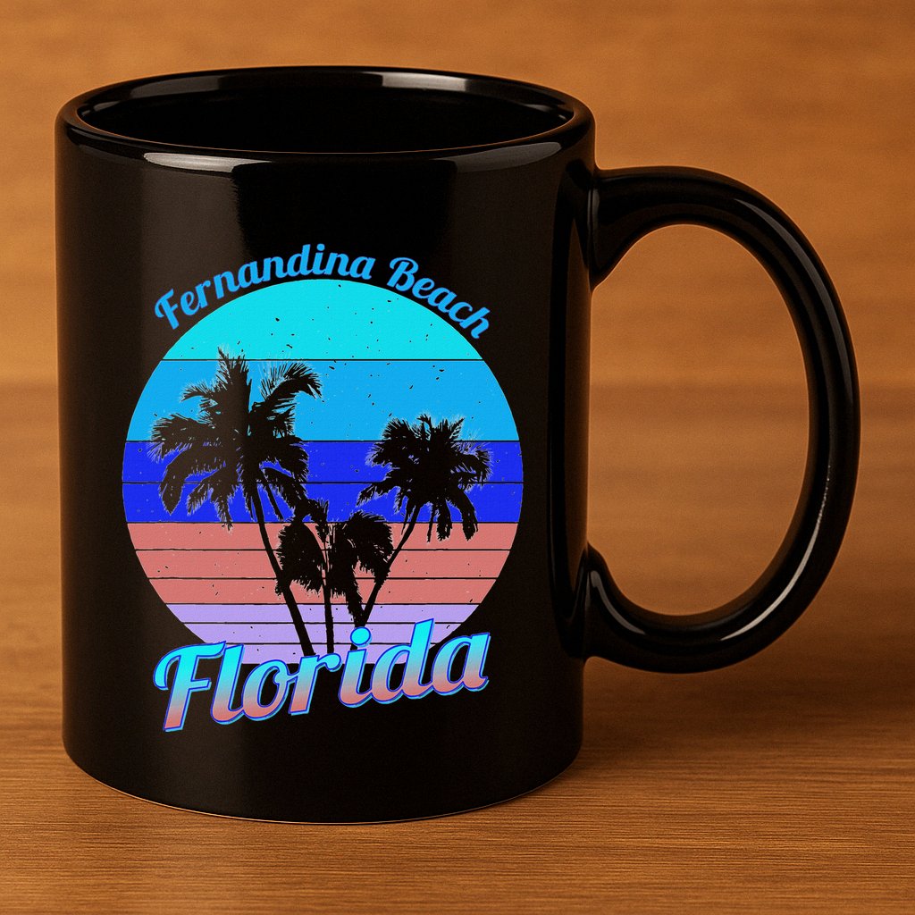 Fernandina Beach Florida Retro Tropical Palm Trees Vacation 11oz C Handle Ceramic Mug