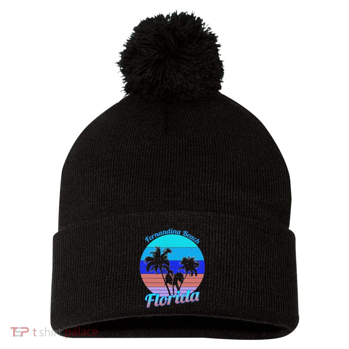 Fernandina Beach Florida Retro Tropical Palm Trees Vacation Pom Pom 12in Knit Beanie