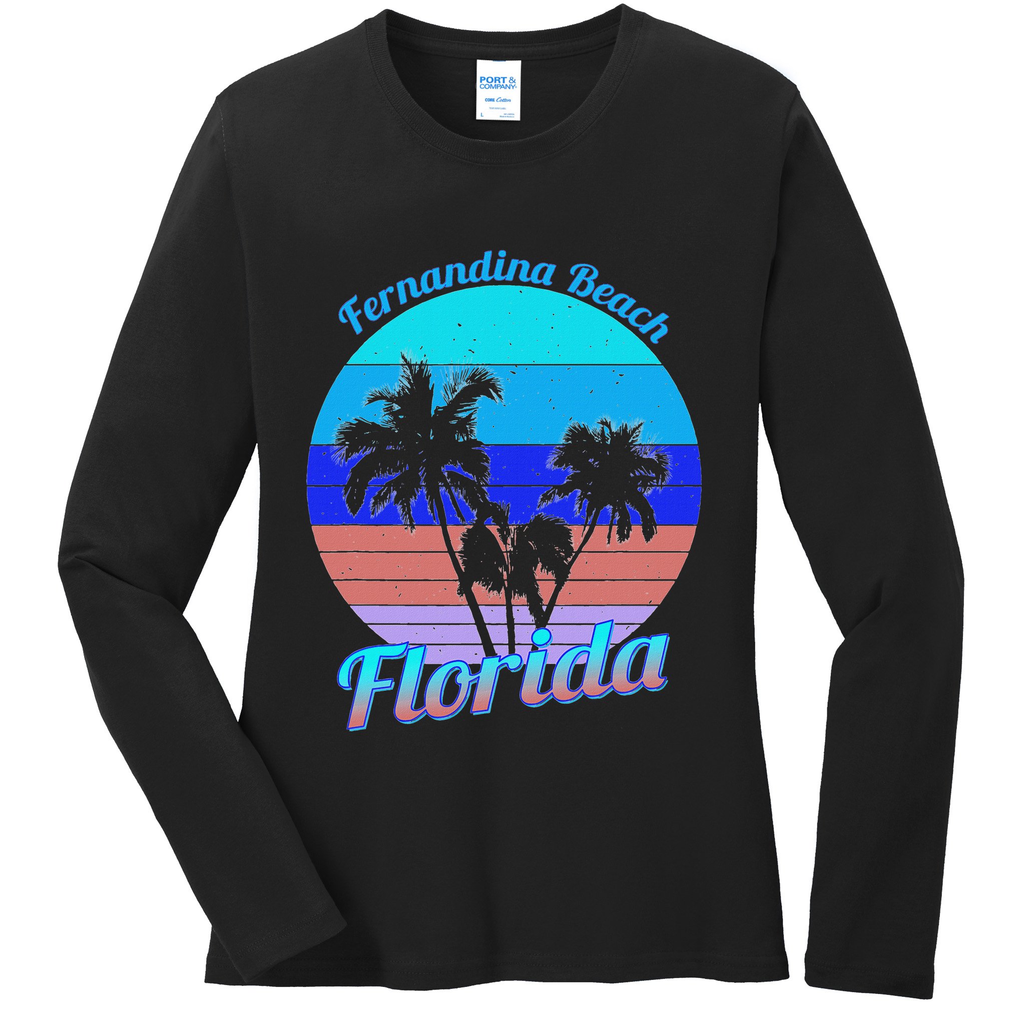 Fernandina Beach Florida Retro Tropical Palm Trees Vacation Ladies Long Sleeve Shirt
