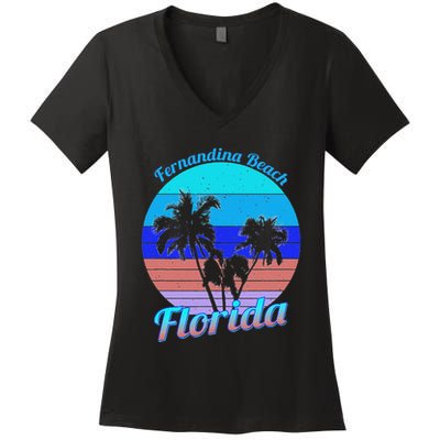 Fernandina Beach Florida Retro Tropical Palm Trees Vacation Women's V-Neck T-Shirt