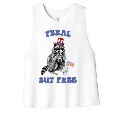 Feral But Free 4th Of July Raccoon Independence Day Women's Racerback Cropped Tank