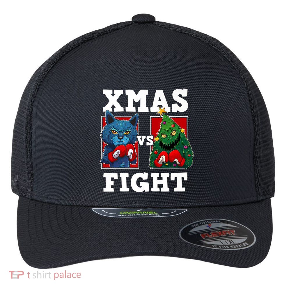 Funny Boxing Funny Cat Vs Christmas Tree Flexfit Unipanel Trucker Cap
