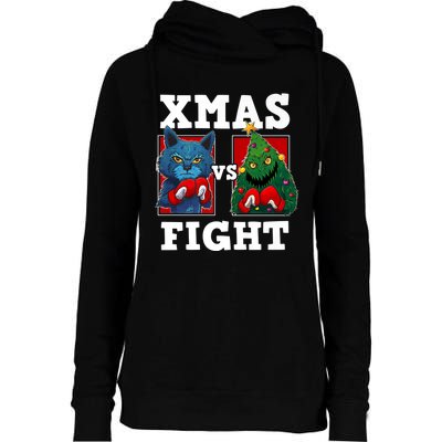 Funny Boxing Funny Cat Vs Christmas Tree Womens Funnel Neck Pullover Hood