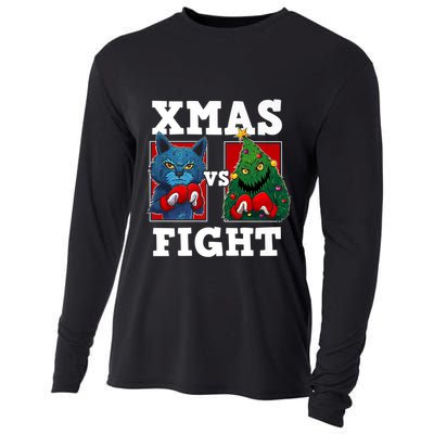 Funny Boxing Funny Cat Vs Christmas Tree Cooling Performance Long Sleeve Crew