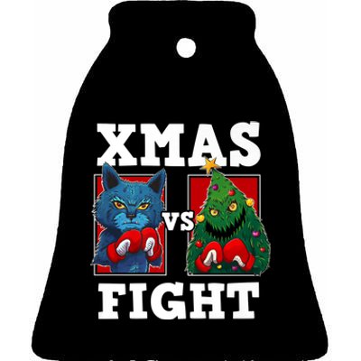 Funny Boxing Funny Cat Vs Christmas Tree Ceramic Bell Ornament