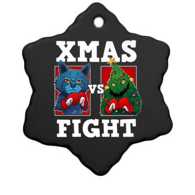 Funny Boxing Funny Cat Vs Christmas Tree Ceramic Star Ornament