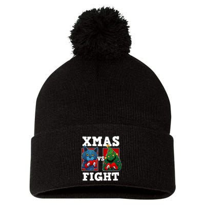 Funny Boxing Funny Cat Vs Christmas Tree Pom Pom 12in Knit Beanie