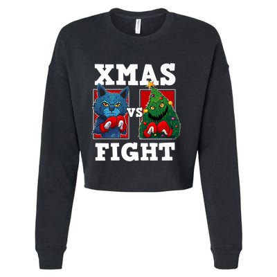 Funny Boxing Funny Cat Vs Christmas Tree Cropped Pullover Crew