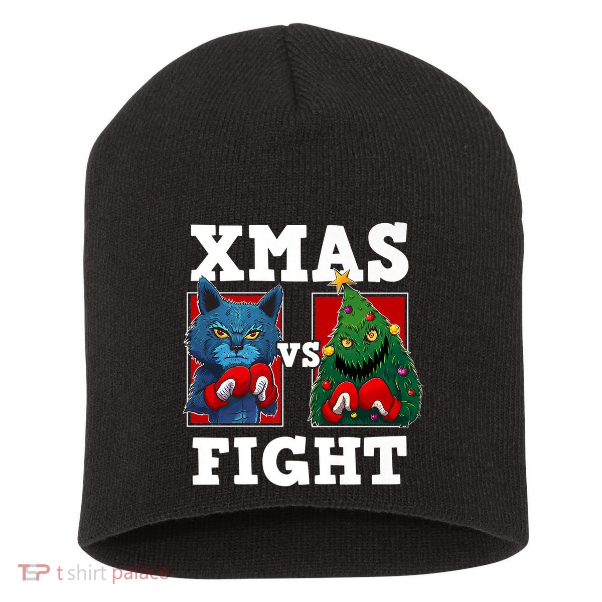 Funny Boxing Funny Cat Vs Christmas Tree Short Acrylic Beanie