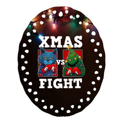 Funny Boxing Funny Cat Vs Christmas Tree Ceramic Oval Ornament