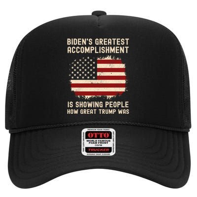 Funny Bidens Greatest Accomplishment Is Showing Trump 2024 Tees High Crown Mesh Back Trucker Hat