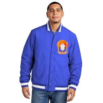 Funny Bigfoot Ghost Pumpkin Halloween Trick Or Treat Gift Insulated Varsity Jacket